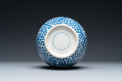 A Chinese blue and white bottle-shaped 'lotus scroll' vase and a pair of square famille verte flasks and covers, 19th C.