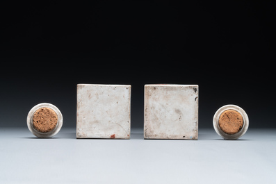 A Chinese blue and white bottle-shaped 'lotus scroll' vase and a pair of square famille verte flasks and covers, 19th C.