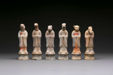 An impressive set of 12 Chinese cold painted terracotta zodiac figures, Ming