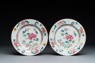 A pair of famille rose 'rooster' plates and a pair of 'floral' plates, Qianlong