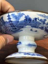 A Chinese blue and white 'Bleu de Hue' tazza and a bowl for the Vietnamese market, Shun Li Kun Ji 順利坤記 and Jin Yu Feng Ji 金玉鋒記 mark, 19th C.