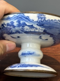 A Chinese blue and white 'Bleu de Hue' tazza and a bowl for the Vietnamese market, Shun Li Kun Ji 順利坤記 and Jin Yu Feng Ji 金玉鋒記 mark, 19th C.