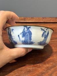 A Chinese blue and white 'Bleu de Hue' tazza and a bowl for the Vietnamese market, Shun Li Kun Ji 順利坤記 and Jin Yu Feng Ji 金玉鋒記 mark, 19th C.