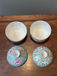 Deux bols couverts de type 'chupu' en porcelaine de Chine famille rose pour le march&eacute; Straits ou Peranakan, marque et &eacute;poque de Guangxu