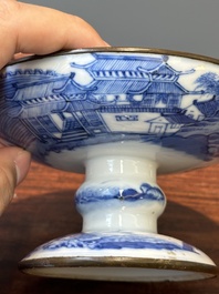 A Chinese blue and white 'Bleu de Hue' tazza and a bowl for the Vietnamese market, Shun Li Kun Ji 順利坤記 and Jin Yu Feng Ji 金玉鋒記 mark, 19th C.