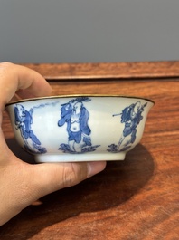 A Chinese blue and white 'Bleu de Hue' tazza and a bowl for the Vietnamese market, Shun Li Kun Ji 順利坤記 and Jin Yu Feng Ji 金玉鋒記 mark, 19th C.