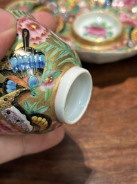 A Chinese Canton famille rose gilt-decorated cup and stand with flowers and butterflies, 19th C.