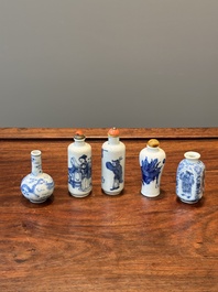 Five various Chinese blue and white snuff bottles, Yongzheng mark, 19/20th