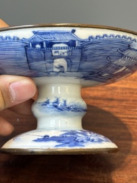 A Chinese blue and white 'Bleu de Hue' tazza and a bowl for the Vietnamese market, Shun Li Kun Ji 順利坤記 and Jin Yu Feng Ji 金玉鋒記 mark, 19th C.