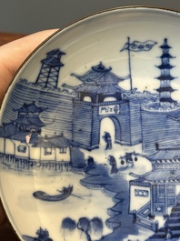 A Chinese blue and white 'Bleu de Hue' tazza and a bowl for the Vietnamese market, Shun Li Kun Ji 順利坤記 and Jin Yu Feng Ji 金玉鋒記 mark, 19th C.