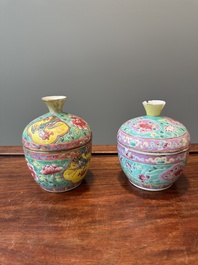 Two Chinese famille rose 'chupu' bowls and covers for the Straits or Peranakan market, Tongzhi mark and of the period