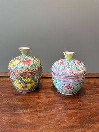 Two Chinese famille rose 'chupu' bowls and covers for the Straits or Peranakan market, Tongzhi mark and of the period