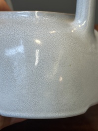 A Chinese monochrome clair-de-lune-glazed Yixing stoneware teapot and cover, Yixing seal mark, Republic