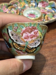 A Chinese Canton famille rose gilt-decorated cup and stand with flowers and butterflies, 19th C.