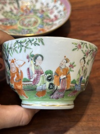 A pair of Chinese Canton famille rose cups and saucers, 19th C.