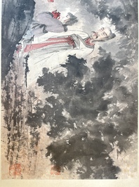 Fu Baoshi 傅抱石 (1904-1965): 'Rassemblement des lettr&eacute;s', encre et couleur sur papier, dat&eacute;e 1943