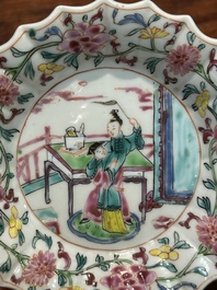 A pair of Chinese famille rose 'Xi Xiang Ji' cups and saucers, Yongzheng