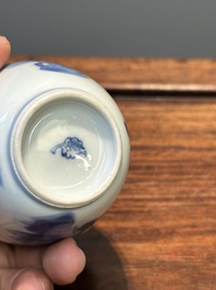 A Chinese blue and white tea caddy and two teapots, Kangxi/Qianlong