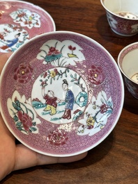 Cinq tasses et soucoupes en porcelaine de Chine famille rose &agrave; d&eacute;cor figuratif, Yongzheng