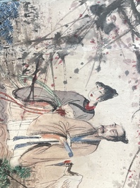 Fu Baoshi 傅抱石 (1904-1965): 'Rassemblement des lettr&eacute;s', encre et couleur sur papier, dat&eacute;e 1943