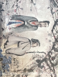 Fu Baoshi 傅抱石 (1904-1965): 'Rassemblement des lettr&eacute;s', encre et couleur sur papier, dat&eacute;e 1943