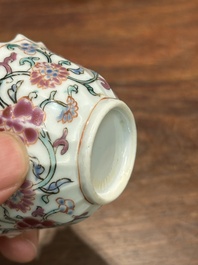 A pair of Chinese famille rose 'Xi Xiang Ji' cups and saucers, Yongzheng