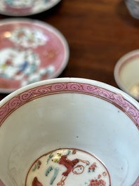 Cinq tasses et soucoupes en porcelaine de Chine famille rose &agrave; d&eacute;cor figuratif, Yongzheng