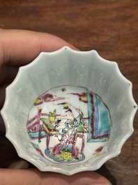 A pair of Chinese famille rose 'Xi Xiang Ji' cups and saucers, Yongzheng