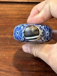 Three Chinese blue and white snuff bottles, Yongzheng mark, 19th C.