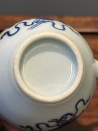 A Chinese blue and white tea caddy and two teapots, Kangxi/Qianlong