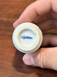 Three Chinese blue and white snuff bottles, Yongzheng mark, 19th C.