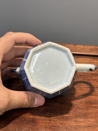 A Chinese blue and white tea caddy and two teapots, Kangxi/Qianlong