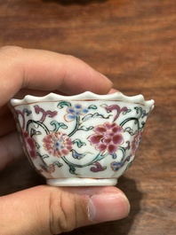 A pair of Chinese famille rose 'Xi Xiang Ji' cups and saucers, Yongzheng