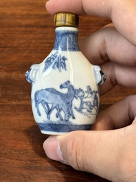 Three Chinese blue and white snuff bottles, Yongzheng mark, 19th C.