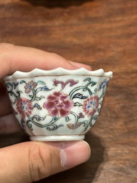 A pair of Chinese famille rose 'Xi Xiang Ji' cups and saucers, Yongzheng