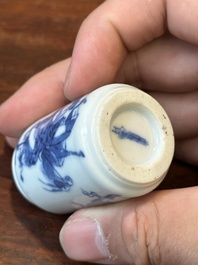 Three Chinese blue and white snuff bottles, Yongzheng mark, 19th C.