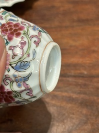 A pair of Chinese famille rose 'Xi Xiang Ji' cups and saucers, Yongzheng