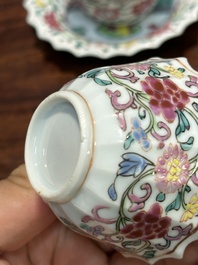 A pair of Chinese famille rose 'Xi Xiang Ji' cups and saucers, Yongzheng