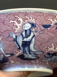 A Chinese blue, white and puce-enamelled 'Eight Immortals' bowl, Guangxu mark and of the period