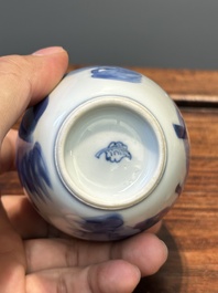 A Chinese blue and white tea caddy and two teapots, Kangxi/Qianlong