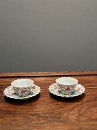 A pair of Chinese famille rose 'Xi Xiang Ji' cups and saucers, Yongzheng