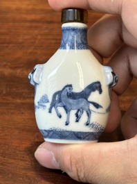 Three Chinese blue and white snuff bottles, Yongzheng mark, 19th C.