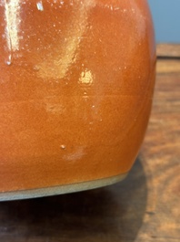 A Chinese monochrome coral-red-glazed ginger jar with wooden cover, 18th C.