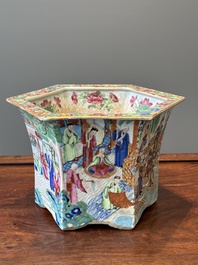 A very fine hexagonal Chinese Canton famille rose jardiniere, 19th C.