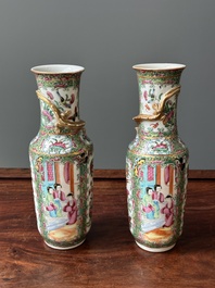 A Chinese Canton famille rose basin and a pair of vases with narrative design, 19th C.