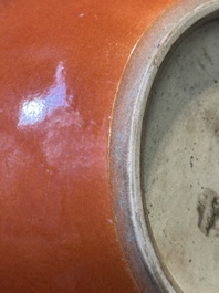 A Chinese monochrome coral-red-glazed ginger jar with wooden cover, 18th C.