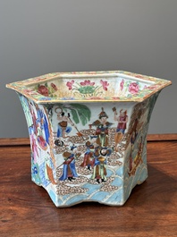 A very fine hexagonal Chinese Canton famille rose jardiniere, 19th C.