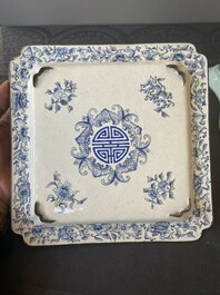 Two Chinese Canton enamel square trays with narrative design, Shou 壽 mark, 18/19th C.