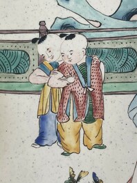 Two Chinese Canton enamel square trays with narrative design, Shou 壽 mark, 18/19th C.