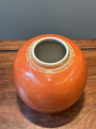 A Chinese monochrome coral-red-glazed ginger jar with wooden cover, 18th C.